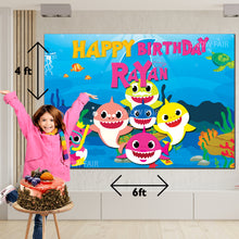 Load image into Gallery viewer, GET THE BEST OF BABY SHARK 6*4 BIRTHDAY BACKDROP DECORATIONS AND HAPPY BITHRTHDAY BANNER AND THEME BANNERS ,1ST BIRTHDAY DECORATIONS SIMPLE BIRTHDAY DECORATIONS AT HOME ONLINE FROM OUR STORES.BABY SHARK BACKDROP BANNERS.HAPPY BIRTHDAY BANNER ALL OVER INDIA.