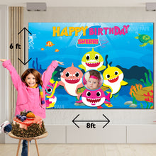 Load image into Gallery viewer, GET THE BEST OF BABY SHARK 8*6 BIRTHDAY BACKDROP DECORATIONS AND HAPPY BITHRTHDAY BANNER AND THEME BANNERS ,1ST BIRTHDAY DECORATIONS SIMPLE BIRTHDAY DECORATIONS AT HOME ONLINE FROM OUR STORES.BABY SHARK BACKDROP BANNERS.HAPPY BIRTHDAY BANNER ALL OVER INDIA.