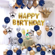Load image into Gallery viewer, Snow fair Happy Birthday Foil with Gold Silver Blue combo free delivery,online combo,combo kit for adults,kids,womens,delivery all over india,budget friendly,elite party decors,surprise party decor,indoor and outdoor party decors , budget friendly, elite party decors, surprise party decors, indoor and outdoor party decor
