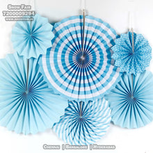 Load image into Gallery viewer, Blue paper fan decoration for birthday, colour Blue paper fan decoration for birthday, colour Blue paper fan decoration for anniversary, colour Black and gold Blue paper fan decoration for baby shower Express Delivery All Over India . Book Online At The Best Discounted Offer Price, Budget Friendly, Elite Party Decors, Surprise Party Decors, Indoor And Outdoor Party Decor