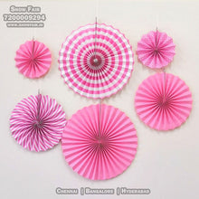 Load image into Gallery viewer, Pink paper fan decoration for birthday, colour Pink paper fan decoration for birthday, colour Pink paper fan decoration for anniversary, colour Black and gold Pink paper fan decoration for baby shower Express Delivery All Over India . Book Online At The Best Discounted Offer Price, Budget Friendly, Elite Party Decors, Surprise Party Decors, Indoor And Outdoor Party Decor