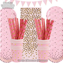 Load image into Gallery viewer, Snow Fair Premium Pink and Gold Party Supplies Birthday Party Decorations Pink Disposable Tableware Set - Paper Cups Plates Straws Table Cloth Birthday Party Decor for kids and adults, Express Delivery All Over India . Book Online at the Best Discounted Offer Price, Budget Friendly, Elite Party Decors, Surprise Party Decors, Indoor and Outdoor Party Decor