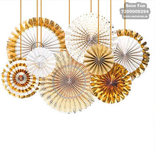 Load image into Gallery viewer, White with gold paper fan decoration for birthday, colour White with gold paper fan decoration for birthday, colour White with gold paper fan decoration for anniversary, colour Black and gold White with gold paper fan decoration for baby shower Express Delivery All Over India . Book Online At The Best Discounted Offer Price, Budget Friendly, Elite Party Decors, Surprise Party Decors, Indoor And Outdoor Party Decor