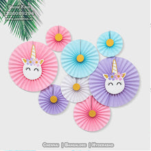 Load image into Gallery viewer, Unicorn paper fan decoration, Unicorn paper fan wall decorations, Unicorn paper fan decorations for birthday, fan decoration for birthday, colour Unicorn paper fan decoration for birthday, colour Unicorn paper fan decoration for anniversary, colour Unicorn Theme paper fan decoration for baby shower Express Delivery All Over India . Book Online At The Best Discounted Offer Price, Budget Friendly, Elite Party Decors, Surprise Party Decors, Indoor And Outdoor Party Decor