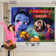 Load image into Gallery viewer, Snow fair Premium Little krishna  Theme backdrop banners for kids Birthday
