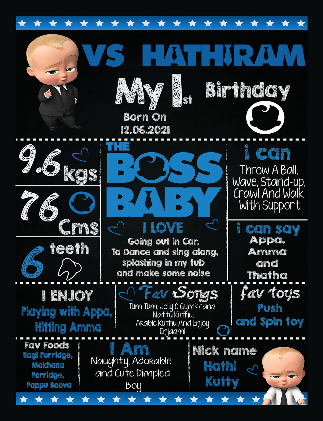 Snow Fair - Boss Baby Theme Customized Chalkboard / Milestone Board for Kids Birthday Party - Made of MDF Wooden Board