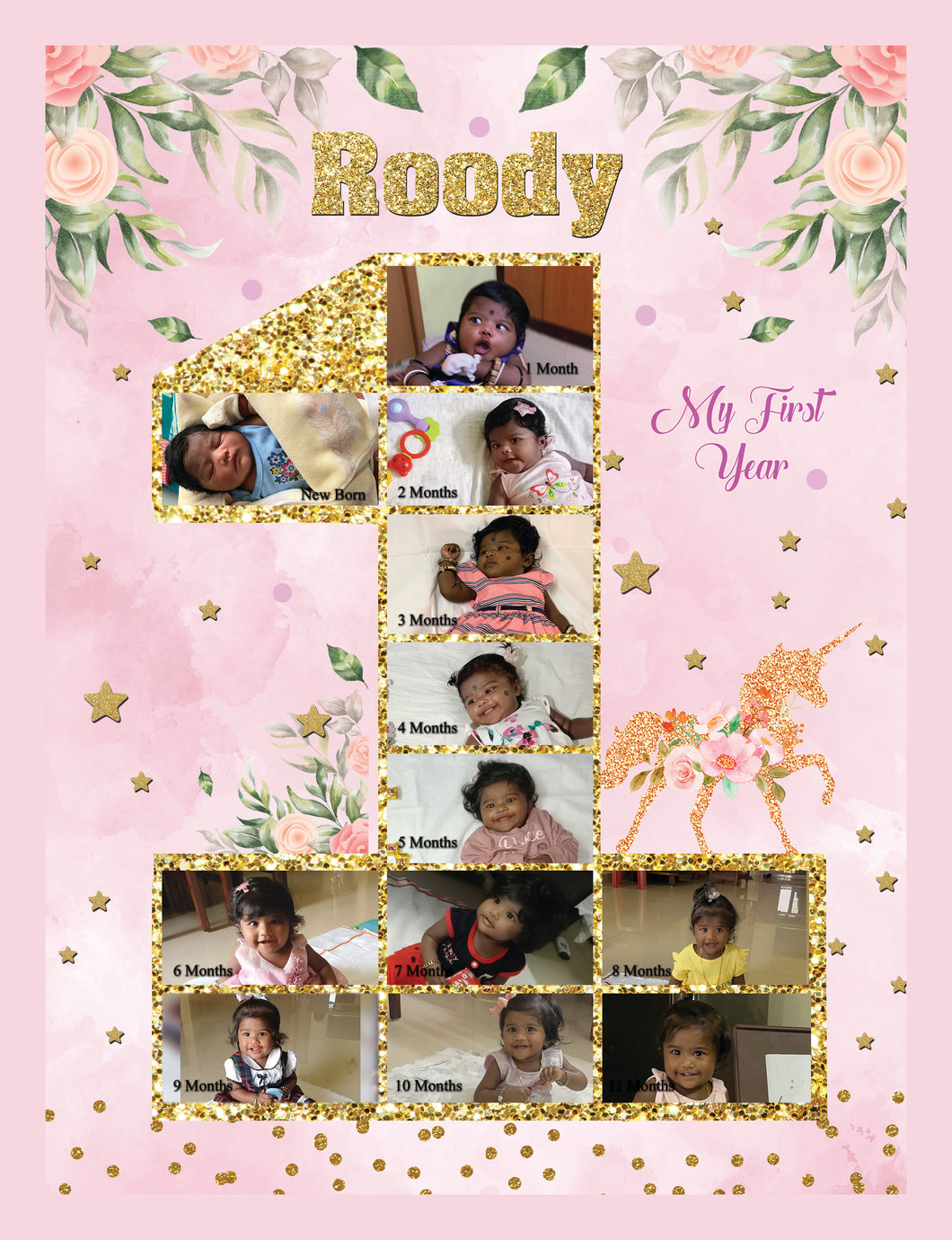 One Year - 12 Months Photo Collage Board  - For First Birthday Model - 20 - Made of Wooden MDF board