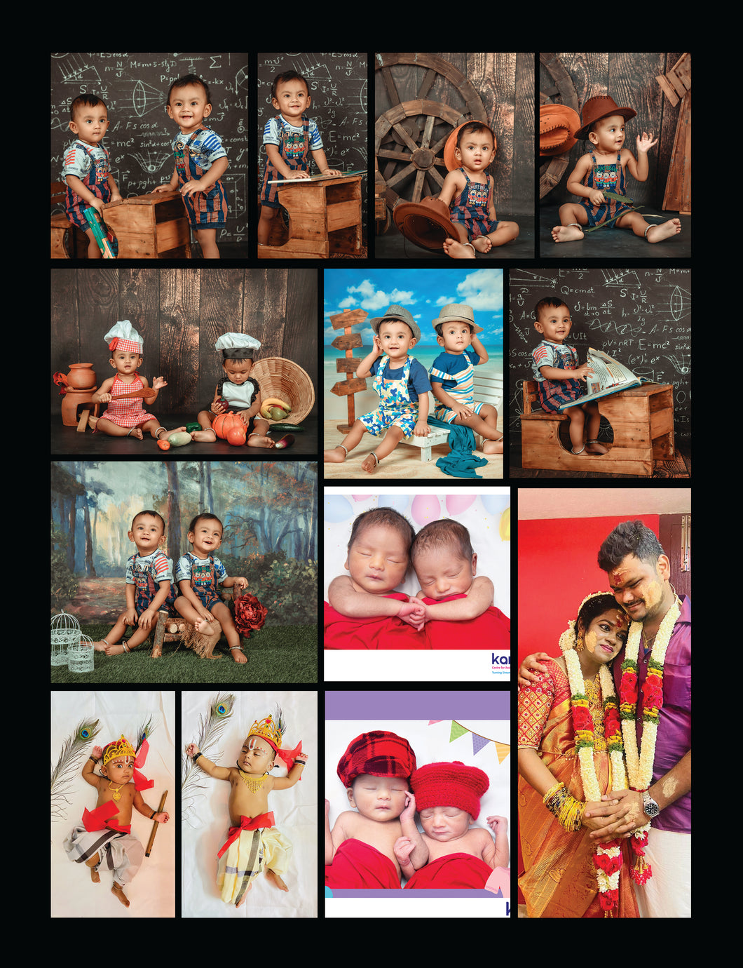 One Year - 12 Months Twin Babies Photo Collage Board - For First Birthday - Made of Wooden MDF board