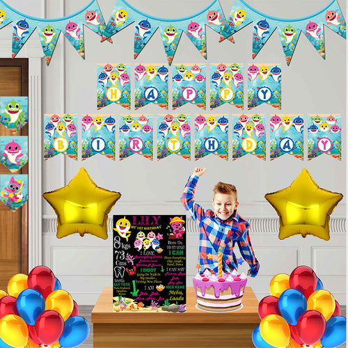 Baby shark combo birthday decor ,theme Baby shark for  kits birthday, Baby shark birthday kit, Baby shark home party decor ,Baby shark theme baby name banner customized ,customized Baby shark theme, theme for baby boys and girls birthday party, Baby shark milestone chalkboard and combo kits Express Delivery All Over India . Book Online At The Best Discounted Offer Price, Budget Friendly, Elite Party Decors, Surprise Party Decors, Indoor And Outdoor Party Decor