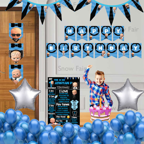 Boss baby combo birthday decor ,theme boss baby for  kits birthday, boss baby birthday kit, boss baby home party decor ,boss baby theme baby name banner customized ,customized boss baby theme, theme for baby boys and girls birthday party, boss baby milestone chalkboard and combo kits Express Delivery All Over India . Book Online At The Best Discounted Offer Price, Budget Friendly, Elite Party Decors, Surprise Party Decors, Indoor And Outdoor Party Decor