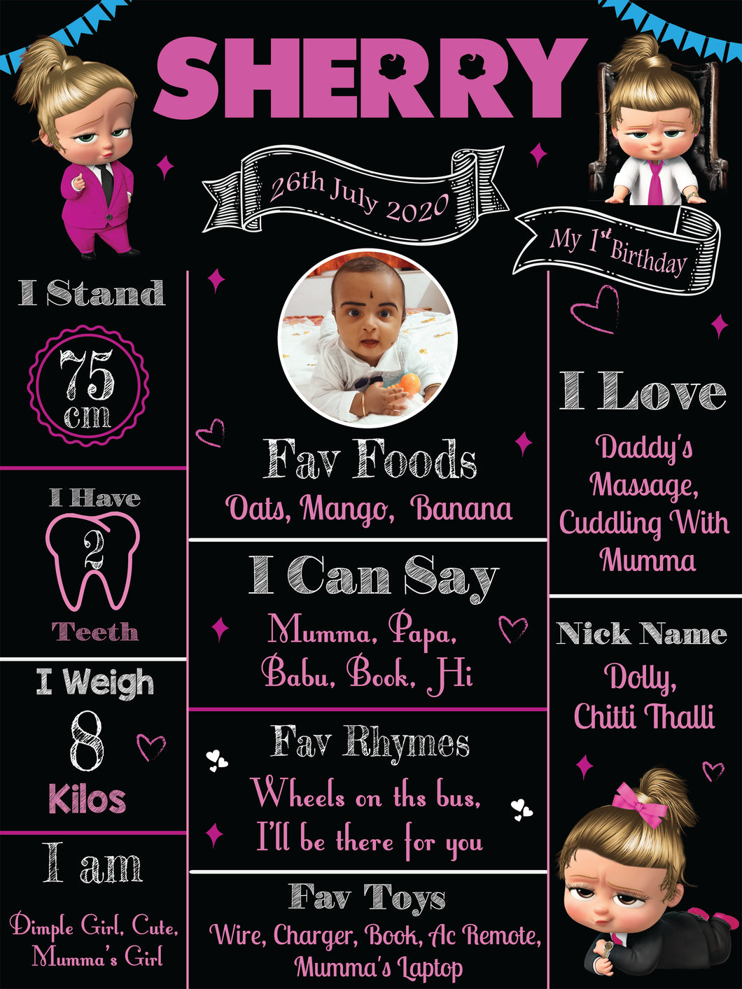 Snow Fair - Boss Baby Girl Theme Customized Chalkboard / Milestone Board for Kids Birthday Party - Made of MDF Wooden Board