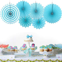 Load image into Gallery viewer,  Blue paper fan decoration for birthday, colour Blue paper fan decoration for birthday, colour Blue paper fan decoration for anniversary, colour Black and gold Blue paper fan decoration for baby shower Express Delivery All Over India . Book Online At The Best Discounted Offer Price, Budget Friendly, Elite Party Decors, Surprise Party Decors, Indoor And Outdoor Party Decor
