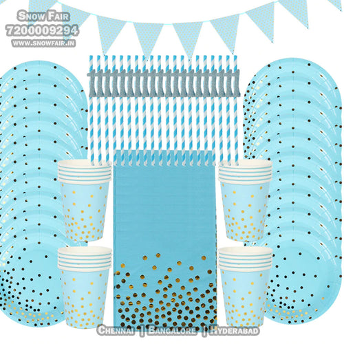 Snow Fair  Premium Blue and Gold Party Supplies  Birthday Party Decorations Blue Disposable Tableware Set - Paper Cups Plates Straws Table Cloth Birthday Party Decor for kids and adults, Express Delivery All Over India . Book Online at the   Best Discounted Offer Price, Budget Friendly, Elite Party Decors, Surprise Party Decors, Indoor and   Outdoor Party Decor