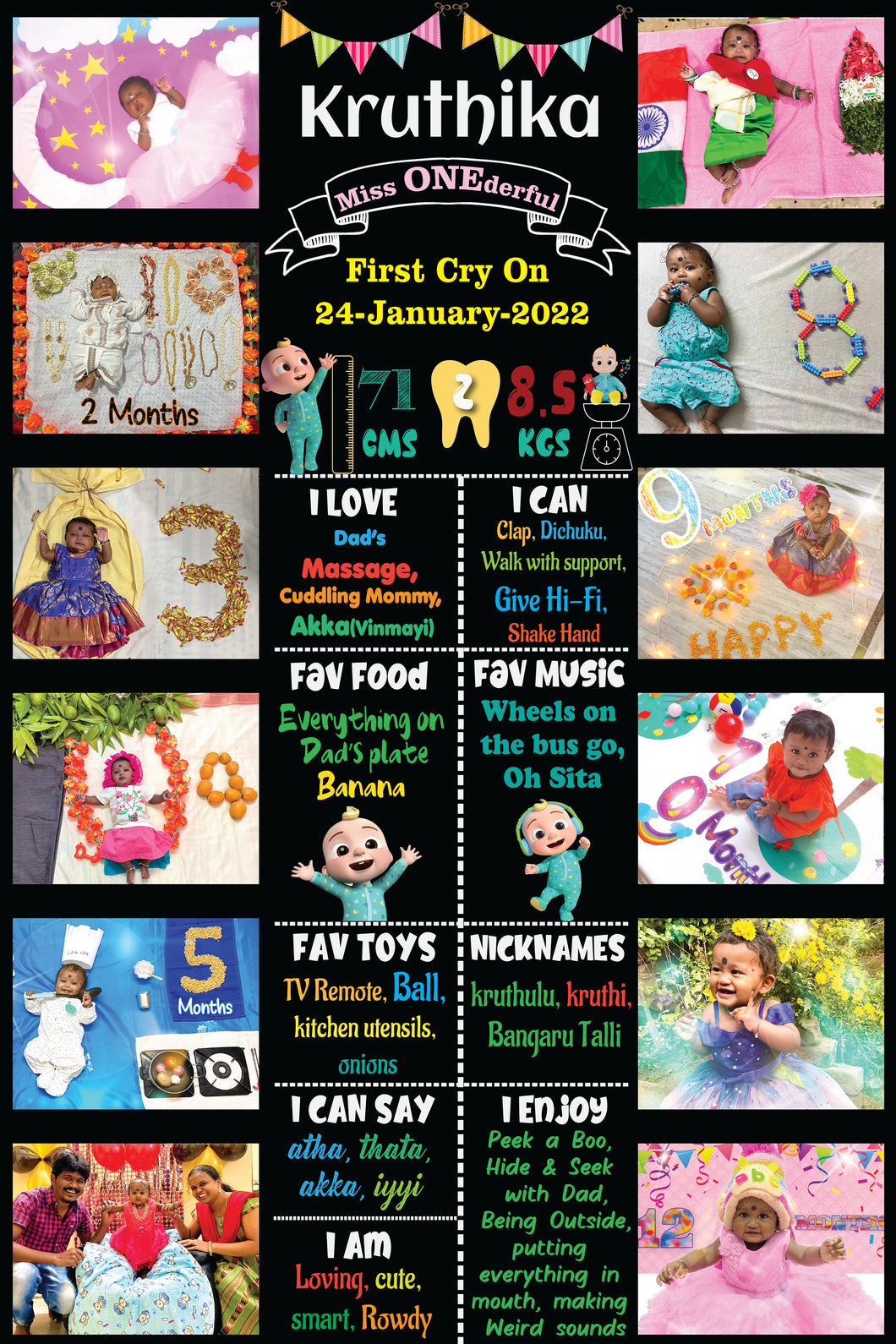 One Year - 12 Months Photo Collage Board  - For First Birthday - Cocomelon Theme - Made of Wooden MDF board