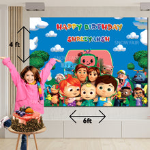 Load image into Gallery viewer, GET THE BEST OF Cocomelon 6*4  BIRTHDAY BACKDROP DECORATIONS AND HAPPY BITHRTHDAY BANNER AND THEME BANNERS ,1ST BIRTHDAY DECORATIONS SIMPLE BIRTHDAY DECORATIONS AT HOME ONLINE FROM OUR STORES. Cocomelon Theme BACKDROP BANNERS.HAPPY BIRTHDAY BANNER ALL OVER INDIA.
