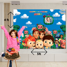 Load image into Gallery viewer, GET THE BEST OF Cocomelon 5*4  BIRTHDAY BACKDROP DECORATIONS AND HAPPY BITHRTHDAY BANNER AND THEME BANNERS ,1ST BIRTHDAY DECORATIONS SIMPLE BIRTHDAY DECORATIONS AT HOME ONLINE FROM OUR STORES. Cocomelon Theme BACKDROP BANNERS.HAPPY BIRTHDAY BANNER ALL OVER INDIA.
