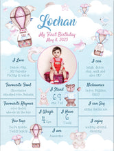 Load image into Gallery viewer, Make your child&#39;s first birthday celebration truly special with a Hot Air Balloon theme chalkboard that reflects the joy, wonder, and adventure of their first year of life
