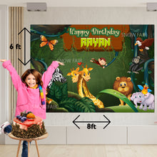 Load image into Gallery viewer, GET THE BEST Jungle Theme 8*6  BIRTHDAY BACKDROP DECORATIONS AND HAPPY BITHRTHDAY BANNER AND THEME BANNERS ,1ST BIRTHDAY DECORATIONS SIMPLE BIRTHDAY DECORATIONS AT HOME ONLINE FROM OUR STORES Jungle Theme BACKDROP BANNERS.HAPPY BIRTHDAY BANNER ALL OVER INDIA.

