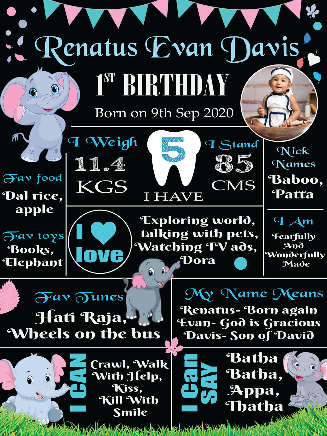 Snow Fair - Little Elephant (Blue) Theme Chalkboard / Milestone Board for Kids Birthday Party - Made of MDF Wooden Board