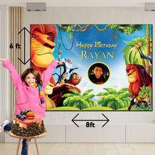 Load image into Gallery viewer, GET THE BEST Lion King Theme 8*6  BIRTHDAY BACKDROP DECORATIONS AND HAPPY BITHRTHDAY BANNER AND THEME BANNERS ,1ST BIRTHDAY DECORATIONS SIMPLE BIRTHDAY DECORATIONS AT HOME ONLINE FROM OUR STORES  Lion King Theme BACKDROP BANNERS.HAPPY BIRTHDAY BANNER ALL OVER INDIA.
