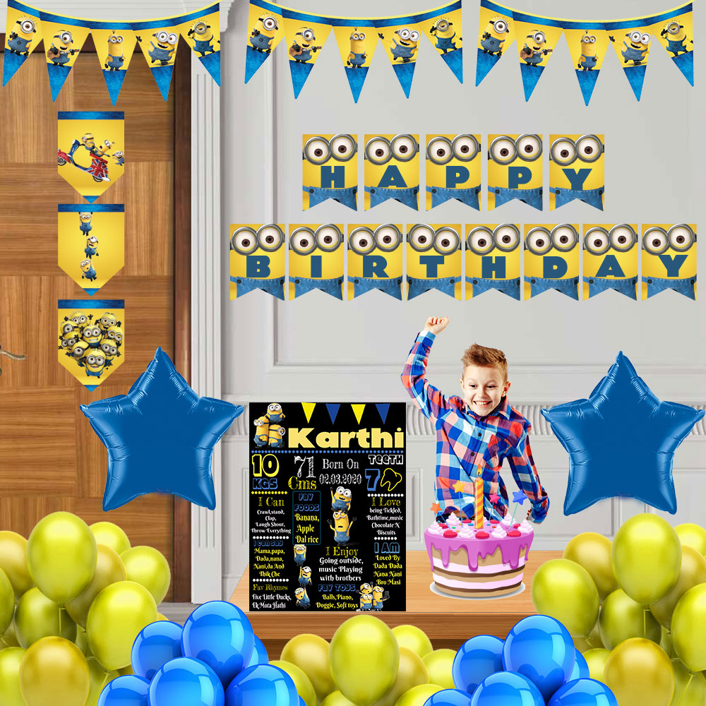  Minion combo birthday decor ,theme Minion for  kits birthday, Minion birthday kit, Minion home party decor ,Minion theme baby name banner customized ,customized Minion theme, theme for baby boys and girls birthday party, Minion milestone chalkboard and combo kits Express Delivery All Over India . Book Online At The Best Discounted Offer Price, Budget Friendly, Elite Party Decors, Surprise Party Decors, Indoor And Outdoor Party Decor