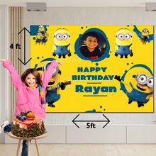 Load image into Gallery viewer, GET THE BEST Minion 5*4  BIRTHDAY BACKDROP DECORATIONS AND HAPPY BITHRTHDAY BANNER AND THEME BANNERS ,1ST BIRTHDAY DECORATIONS SIMPLE BIRTHDAY DECORATIONS AT HOME ONLINE FROM OUR STORES  Minion BACKDROP BANNERS.HAPPY BIRTHDAY BANNER ALL OVER INDIA.
