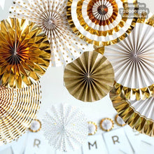 Load image into Gallery viewer,  White with gold paper fan decoration for birthday, colour White with gold paper fan decoration for birthday, colour White with gold paper fan decoration for anniversary, colour Black and gold White with gold paper fan decoration for baby shower Express Delivery All Over India . Book Online At The Best Discounted Offer Price, Budget Friendly, Elite Party Decors, Surprise Party Decors, Indoor And Outdoor Party Decor
