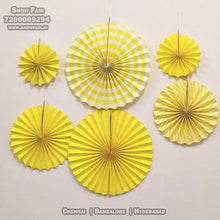 Load image into Gallery viewer, Yellow paper fan decoration for birthday, colour Yellow paper fan decoration for birthday, colour Yellow paper fan decoration for anniversary, colour Black and gold Yellow paper fan decoration for baby shower Express Delivery All Over India . Book Online At The Best Discounted Offer Price, Budget Friendly, Elite Party Decors, Surprise Party Decors, Indoor And Outdoor Party Decor
