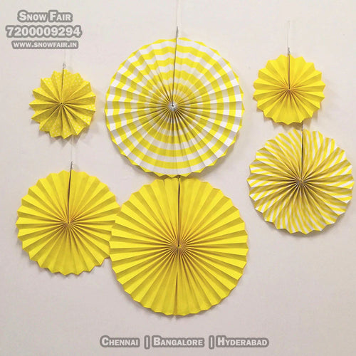 Yellow paper fan decoration for birthday, colour Yellow paper fan decoration for birthday, colour Yellow paper fan decoration for anniversary, colour Black and gold Yellow paper fan decoration for baby shower Express Delivery All Over India . Book Online At The Best Discounted Offer Price, Budget Friendly, Elite Party Decors, Surprise Party Decors, Indoor And Outdoor Party Decor
