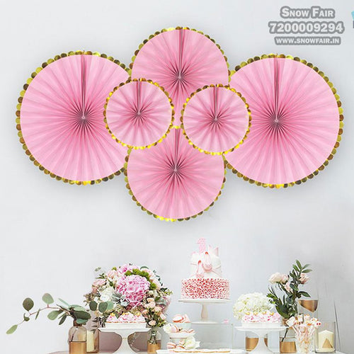 Pink with gold paper fan decoration, Pink with gold paper fan wall decorations, Pink with gold paper fan decorations for birthday, fan decoration for birthday, colour Pink with gold paper fan decoration for birthday, colour Pink with gold paper fan decoration for anniversary, colour Pink with gold paper fan decoration for baby shower Express Delivery All Over India . Book Online At The   Best Discounted Offer Price, Budget Friendly, Elite Party Decors, Surprise Party Decors, Indoor And   Outdoor Party Decor