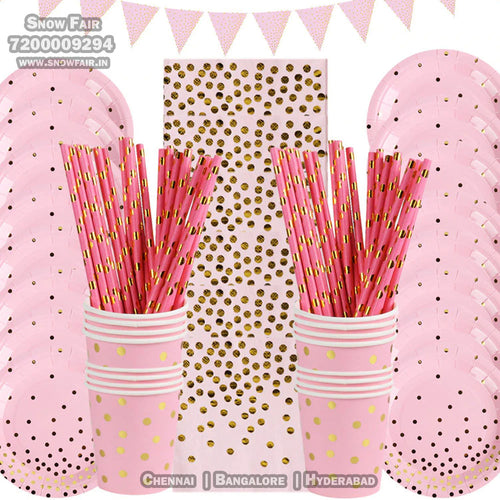Snow Fair  Premium Pink and Gold Party Supplies  Birthday Party Decorations Pink Disposable Tableware Set - Paper Cups Plates Straws Table Cloth Birthday Party Decor for kids and adults, Express Delivery All Over India . Book Online at the   Best Discounted Offer Price, Budget Friendly, Elite Party Decors, Surprise Party Decors, Indoor and   Outdoor Party Decor
