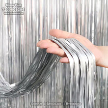 Load image into Gallery viewer, Metallic Silver foil curtain, Metallic Foil Fringe, Metallic Foil Tinsel, Metallic Silver foil curtain For Backdrop, Metallic Silver foil curtain For Backdrop For Birthday, Anniversary ,metallic  backdrop for party, Express Delivery All Over India . Book Online at the   Best Discounted Offer Price, Budget Friendly, Elite Party Decors, Surprise Party Decors, Indoor and   Outdoor Party Decor
