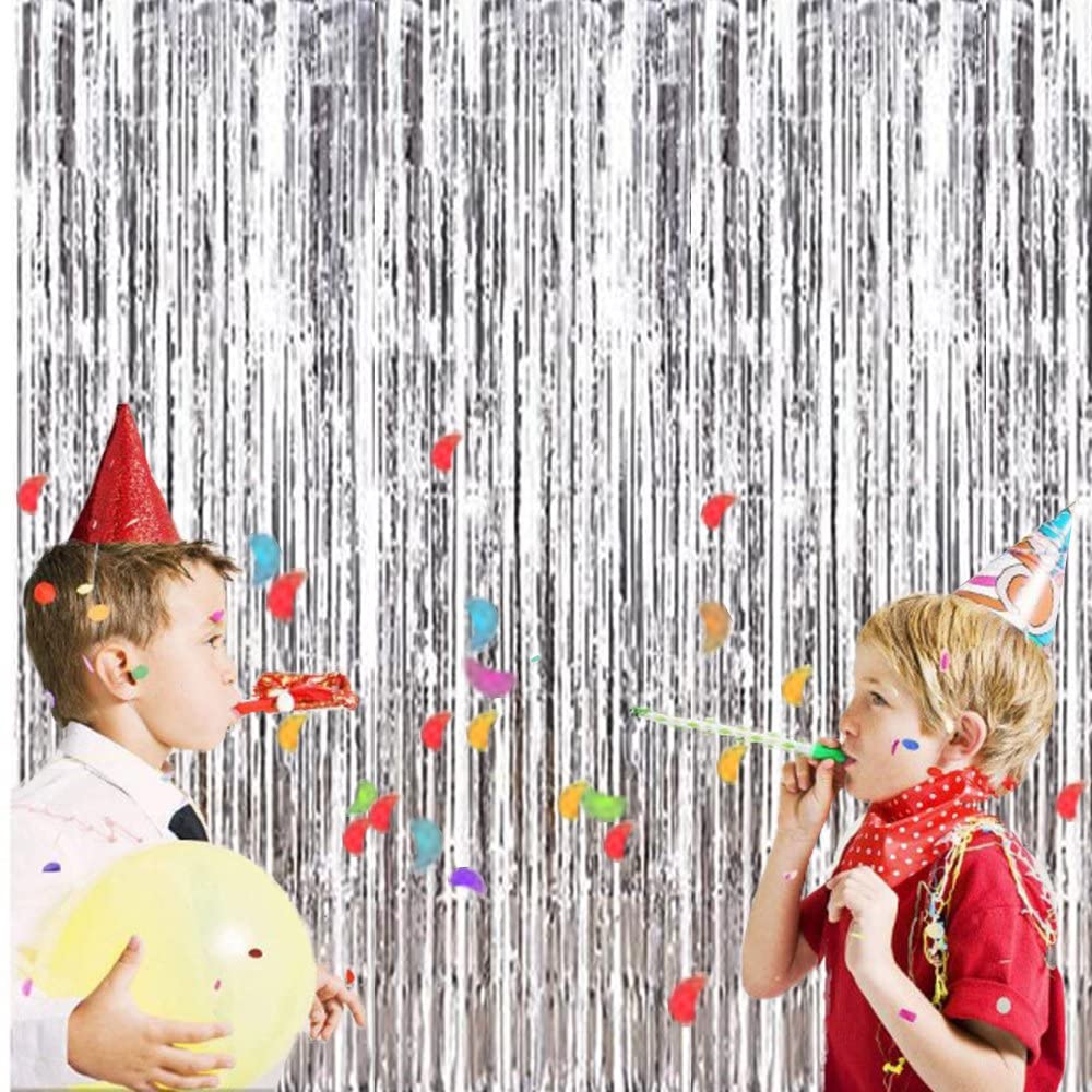 Snow Fair Silver Tinsel Foil Fringe Curtains Backdrop for Birthday Party Decoration (3 ft x 6 ft) -Pack of 2