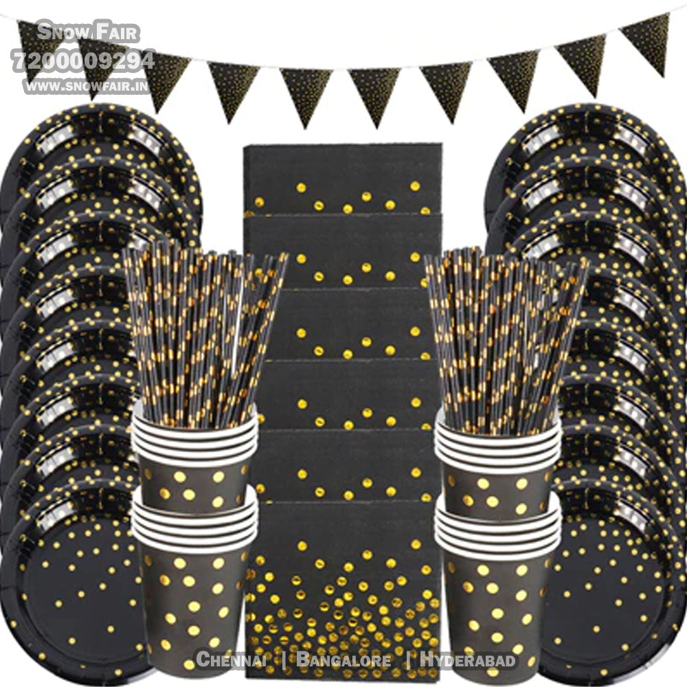 Snow Fair  Premium Black and Gold Party Supplies  Birthday Party Decorations Blue Disposable Tableware Set - Paper Cups Plates Straws Table Cloth Birthday Party Decor for kids and adults, Express Delivery All Over India . Book Online at the   Best Discounted Offer Price, Budget Friendly, Elite Party Decors, Surprise Party Decors, Indoor and   Outdoor Party Decor