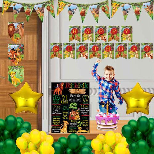 Lion King combo birthday decor ,theme Lion King for  kits birthday, Lion King birthday kit, Lion King home party decor ,Lion King theme baby name banner customized ,customized Lion King theme, theme for baby boys and girls birthday party, Lion King milestone chalkboard and combo kits Express Delivery All Over India . Book Online At The Best Discounted Offer Price, Budget Friendly, Elite Party Decors, Surprise Party Decors, Indoor And Outdoor Party Decor