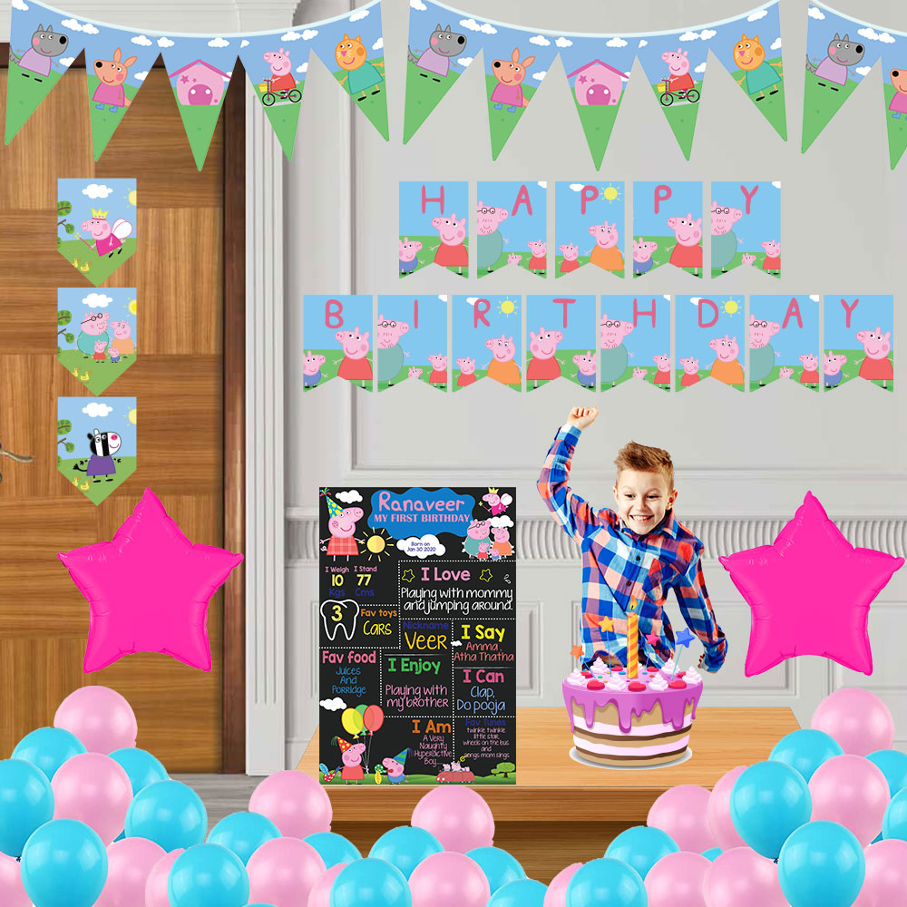 Peppa Pig combo birthday decor ,theme Peppa Pig  for  kits birthday, Peppa Pig birthday kit, Peppa Pig home party decor ,Peppa Pig theme baby name banner customized ,customized Peppa Pig theme, theme for baby boys and girls birthday party, Peppa Pig milestone chalkboard and combo kits Express Delivery All Over India . Book Online At The Best Discounted Offer Price, Budget Friendly, Elite Party Decors, Surprise Party Decors, Indoor And Outdoor Party Decor