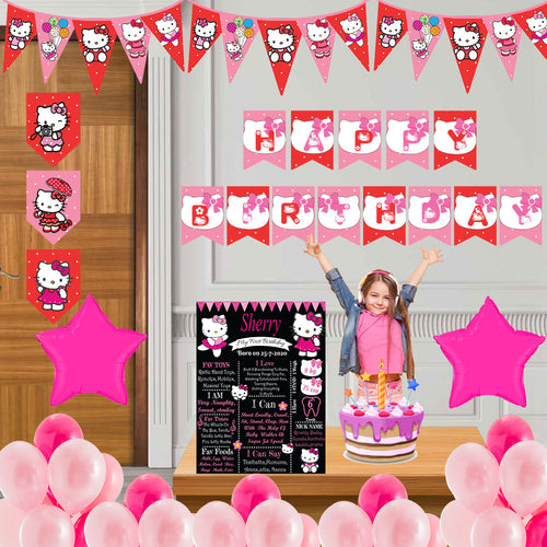 Hello kitty combo birthday decor ,theme Hello Kitty for  kits birthday, Hello Kitty birthday kit, Hello Kitty home party decor ,Hello kitty theme baby name banner customized ,customized Hello Kitty theme, theme for baby boys and girls birthday party, Hello Kitty milestone chalkboard and combo kits Express Delivery All Over India . Book Online At The Best Discounted Offer Price, Budget Friendly, Elite Party Decors, Surprise Party Decors, Indoor And Outdoor Party Decor