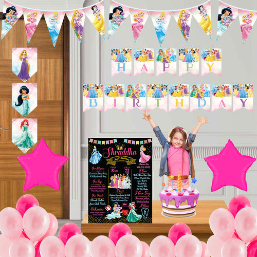 Princess combo birthday decor ,theme Princess  for  kits birthday, Princess birthday kit, Princess home party decor ,Princess theme baby name banner customized ,customized Princess theme, theme for baby boys and girls birthday party, Princess milestone chalkboard and combo kits Express Delivery All Over India . Book Online At The Best Discounted Offer Price, Budget Friendly, Elite Party Decors, Surprise Party Decors, Indoor And Outdoor Party Decor